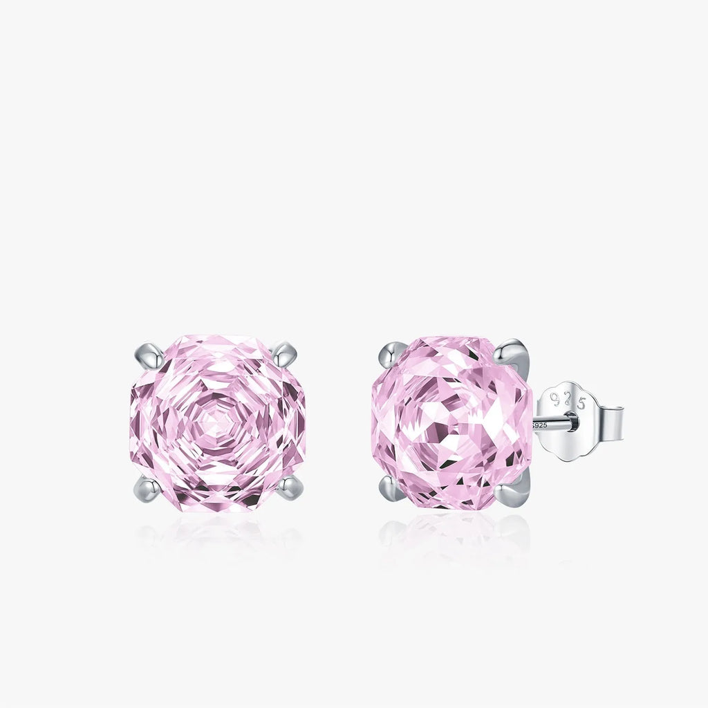 Close-up of a pair of pink rose-shaped stud earrings made of S925 sterling silver, shown front and back.