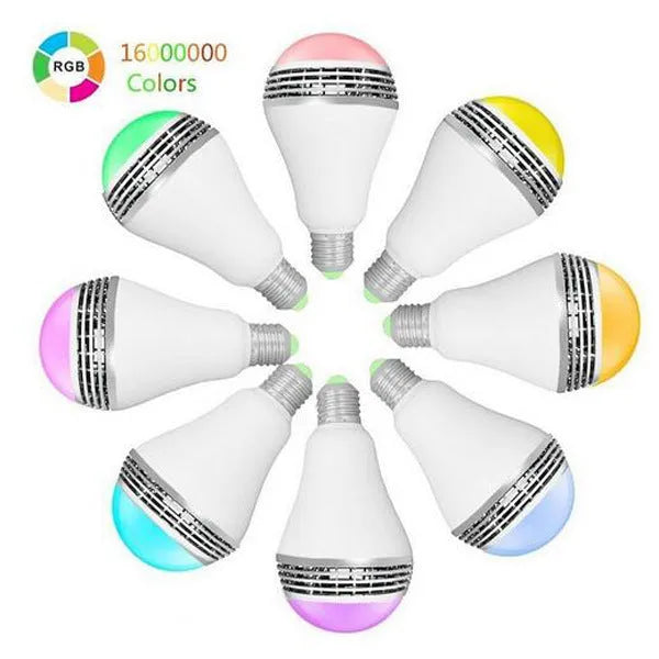 Smart LED Bluetooth speaker light bulb with E27 base and white PC casing.