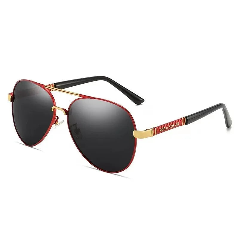 Men's metal sunglasses with polarised lenses and dragon phoenix decoration on the frame.