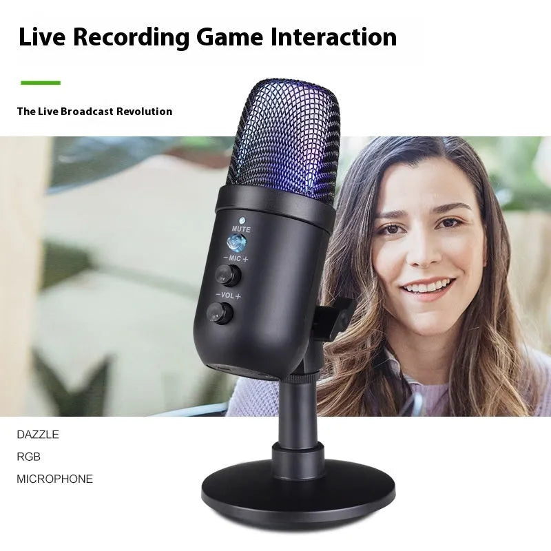 Black USB microphone with RGB lighting for computer and mobile phone streaming and recording