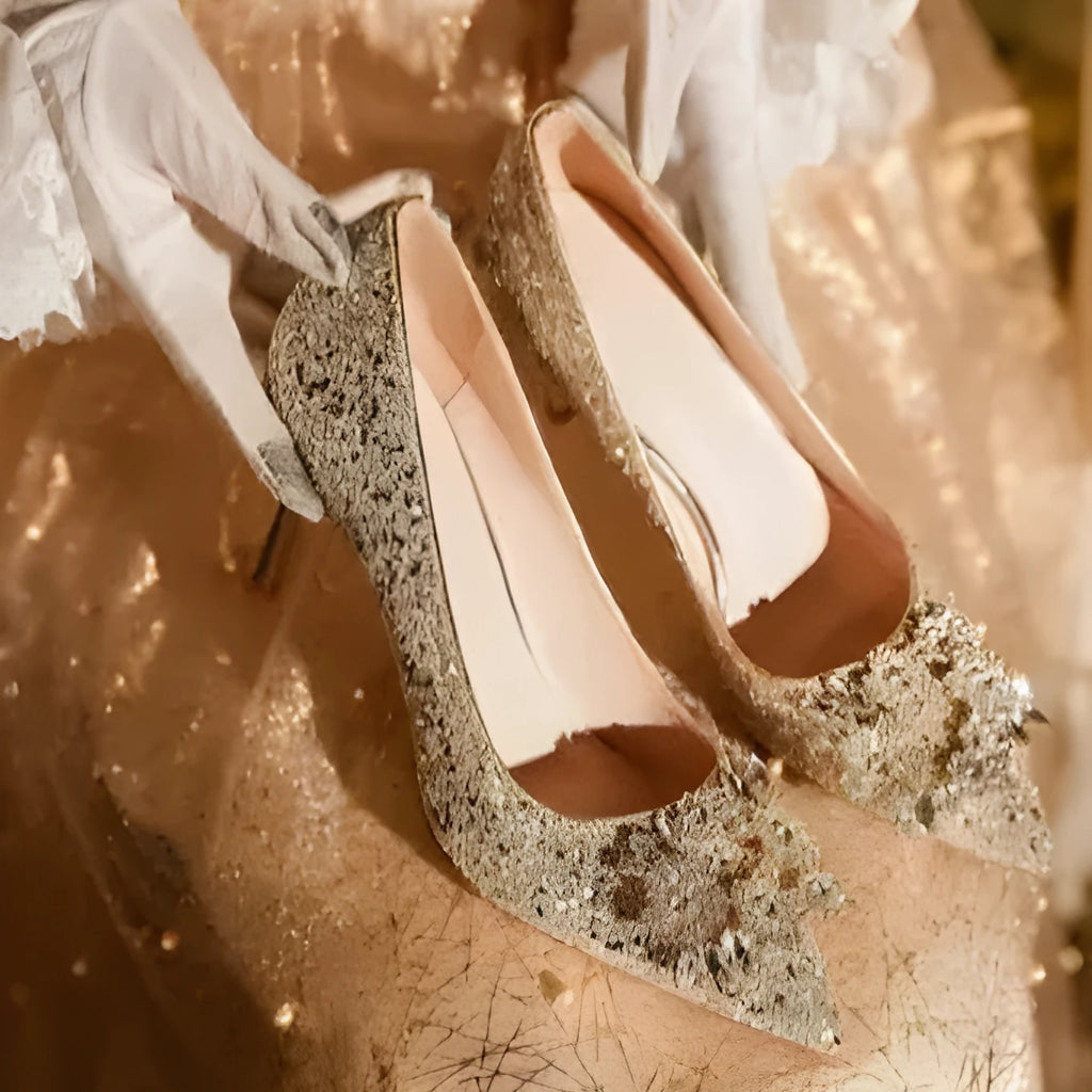 Champagne coloured wedding shoes with crystal design, pointed toes and fine heels