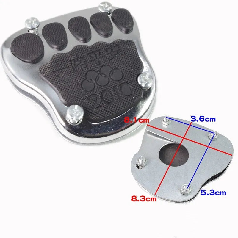 Metal motorcycle scooter brake pedal skid plate showing three model variants for universal vehicle compatibility
