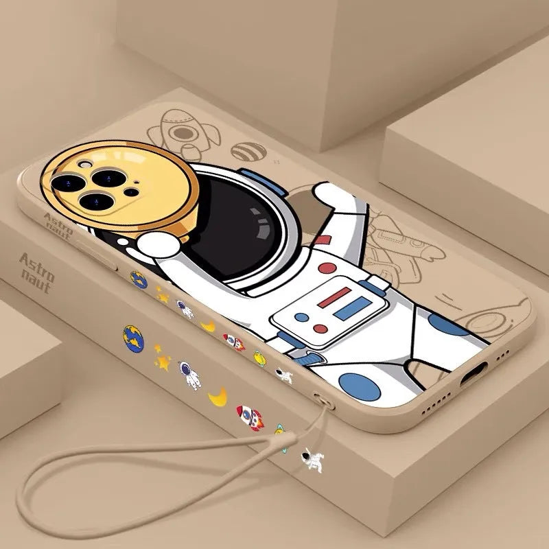 Silicone iPhone case with cartoon astronaut and starry sky design in multiple colour options