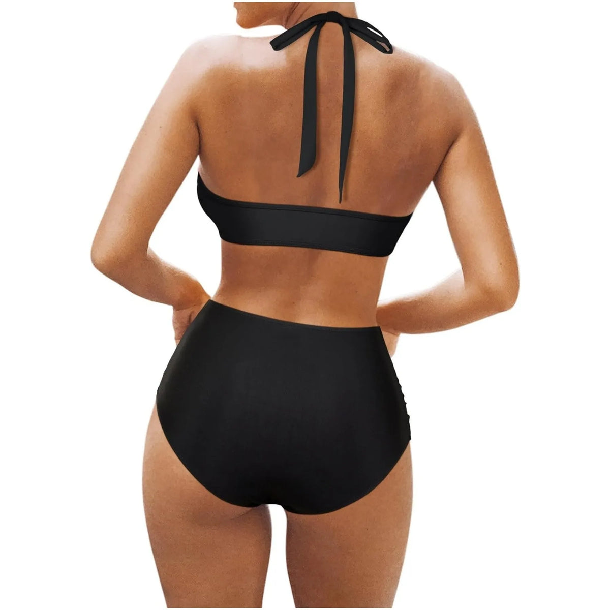 Women's black polyester fibre split bikini with matching briefs