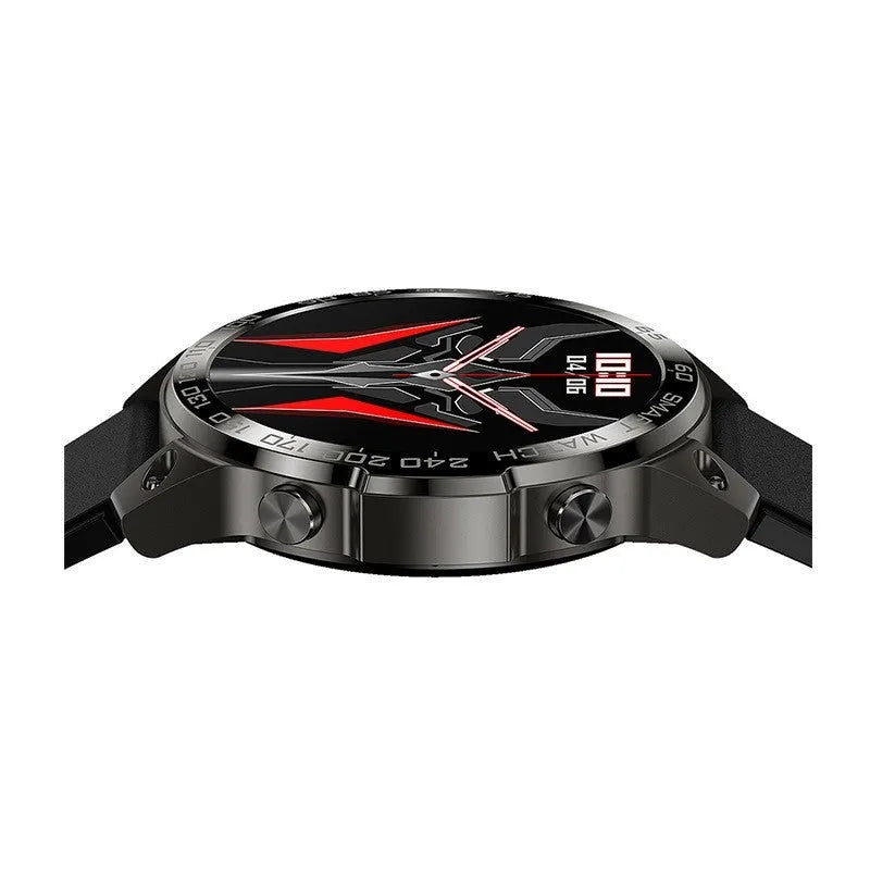 Bluetooth sports watch with AMOLED display showing heart rate metrics on black silicone strap