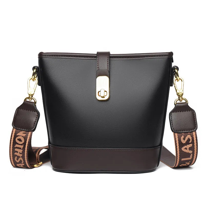 Korean style soft PU bucket messenger bag in black or brown with organised interior compartments