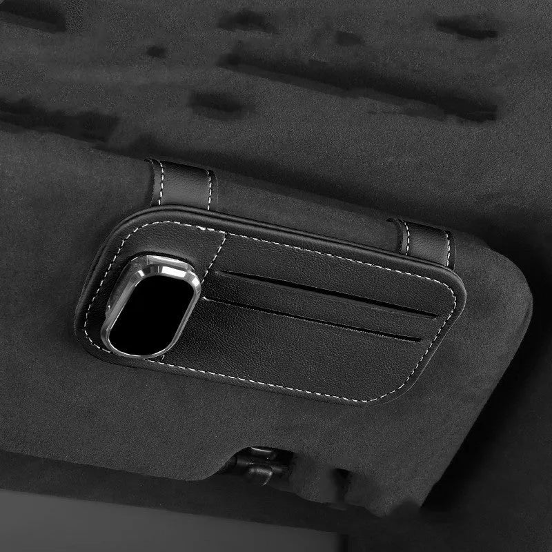 Leather automotive sun visor card holder with glasses clip and card slot