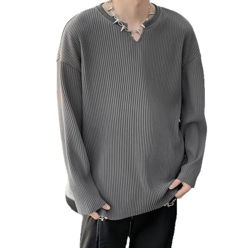 Plus size women's striped texture pullover top in loose fit with long sleeves