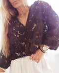 Women's loose fit lace cardigan with three-dimensional flower decoration and V-neck hollow sleeves