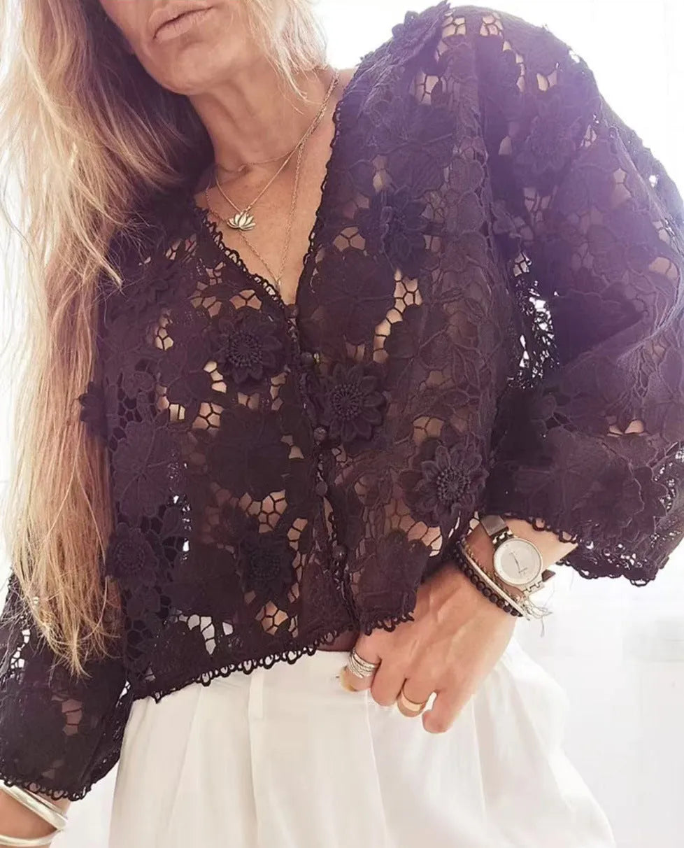 Women's loose fit lace cardigan with three-dimensional flower decoration and V-neck hollow sleeves