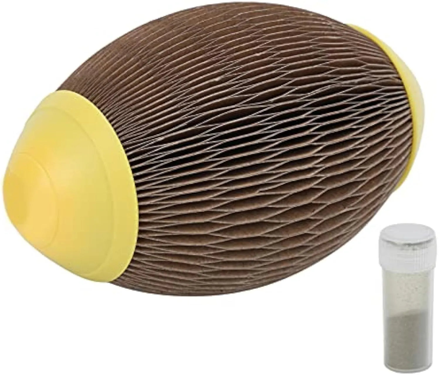 Elliptical catnip ball toy made from recycled corrugated paper for cats to play with.