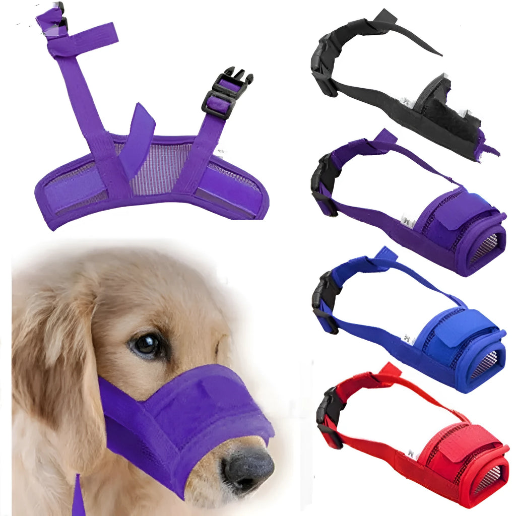 Adjustable plastic dog muzzle in black, blue, pink, purple, or red colours for biting and barking control