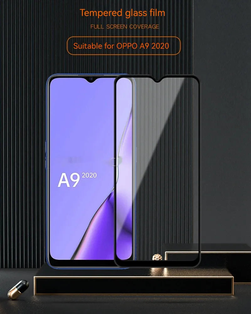 OPPO A9 2020 full screen tempered glass protector with black colour and full glue adhesive