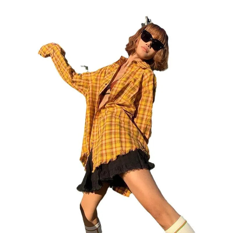 Dopamine yellow plaid shirt with loose cardigan fit on a hanger.