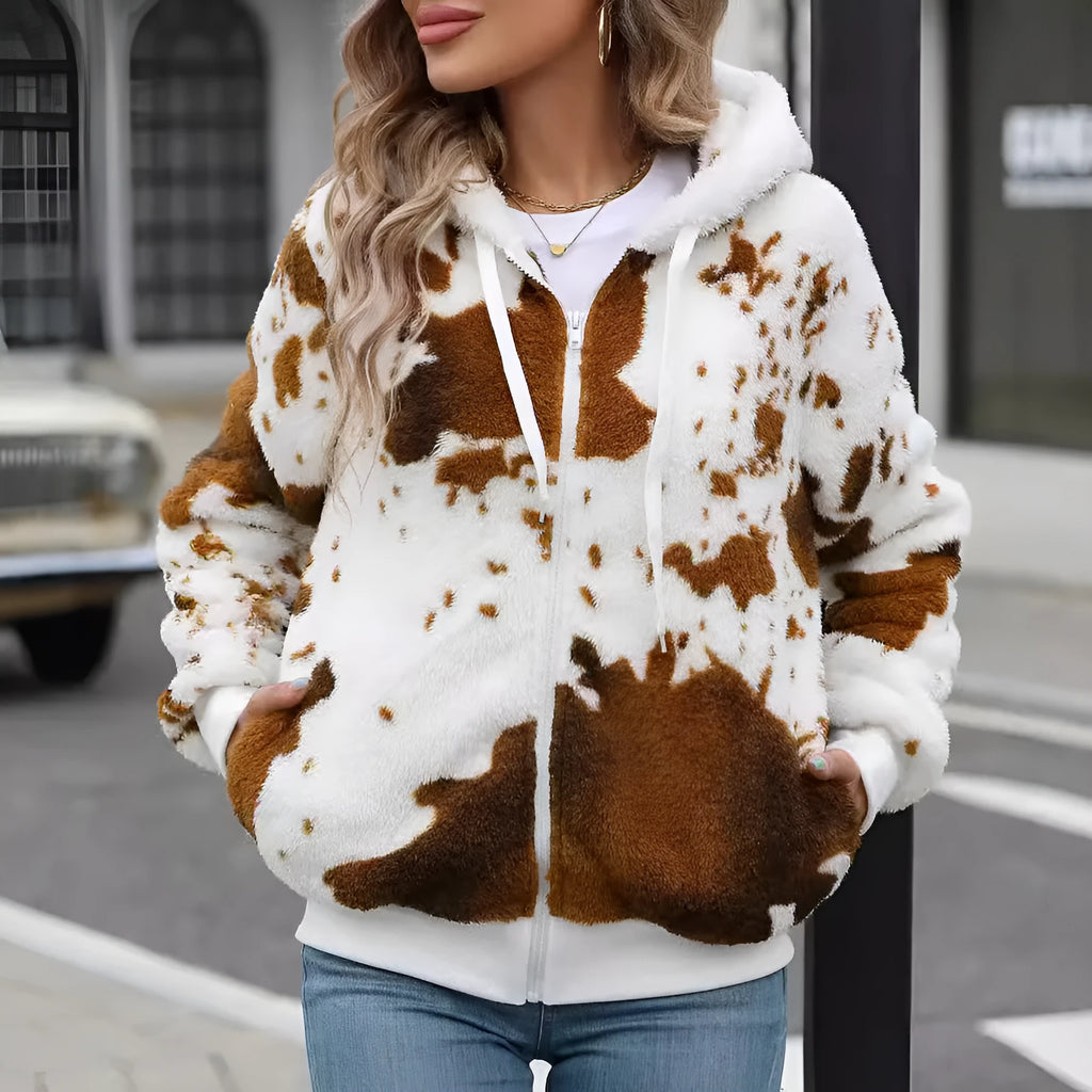 Yellow brown cow print hooded cardigan jacket with full zipper and regular sleeves