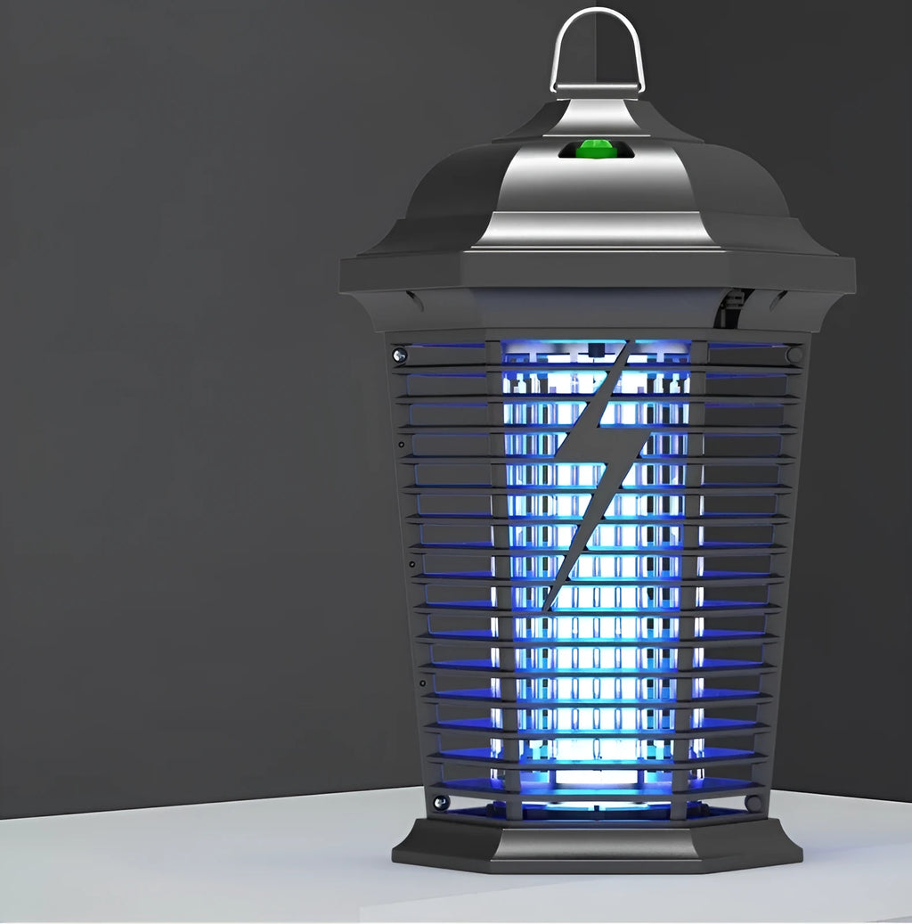 Black outdoor UV mosquito catcher lamp with electric grid and ABS mesh cover.