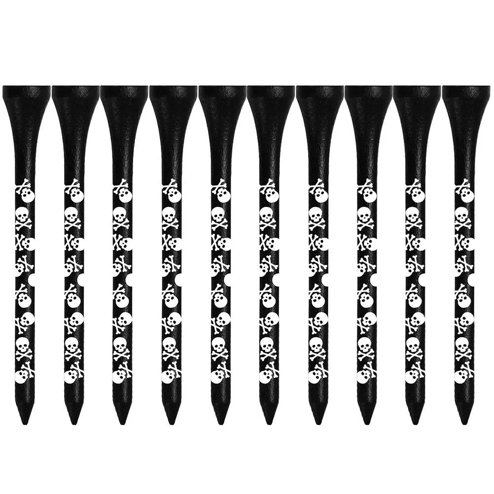 Ten bamboo golf spike dowel pins with black skull print, showing 70mm and 83mm length options.
