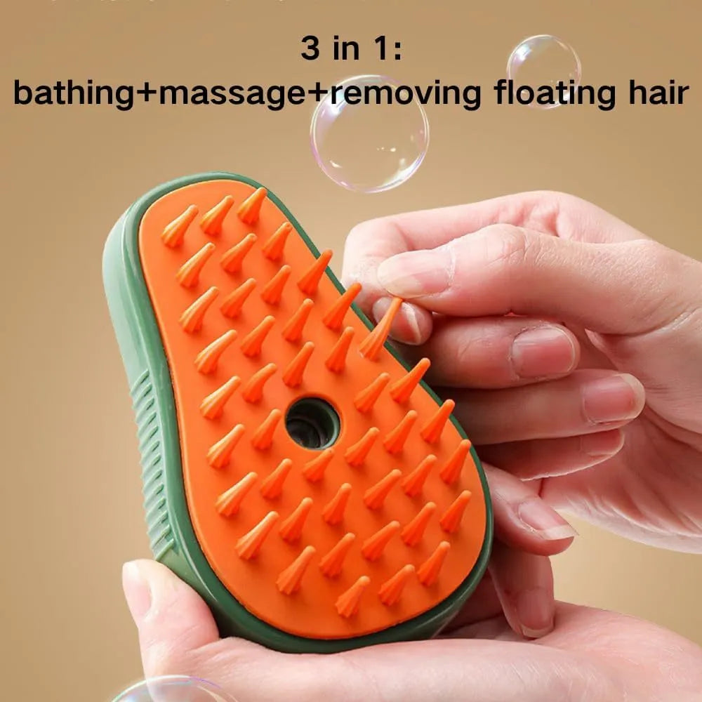 Green and white cat steam brush with water spray function and silicone bristles for pet grooming