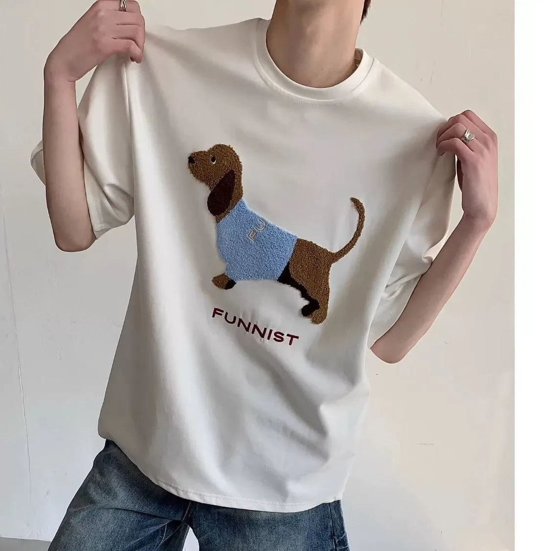 Men's grey t-shirt with embroidered sausage dog design on front