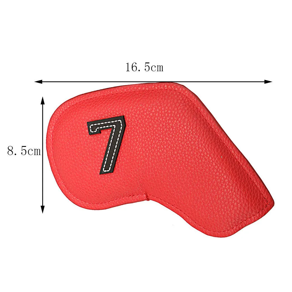 Set of ten colourful digitally printed golf club head covers for woods and irons.