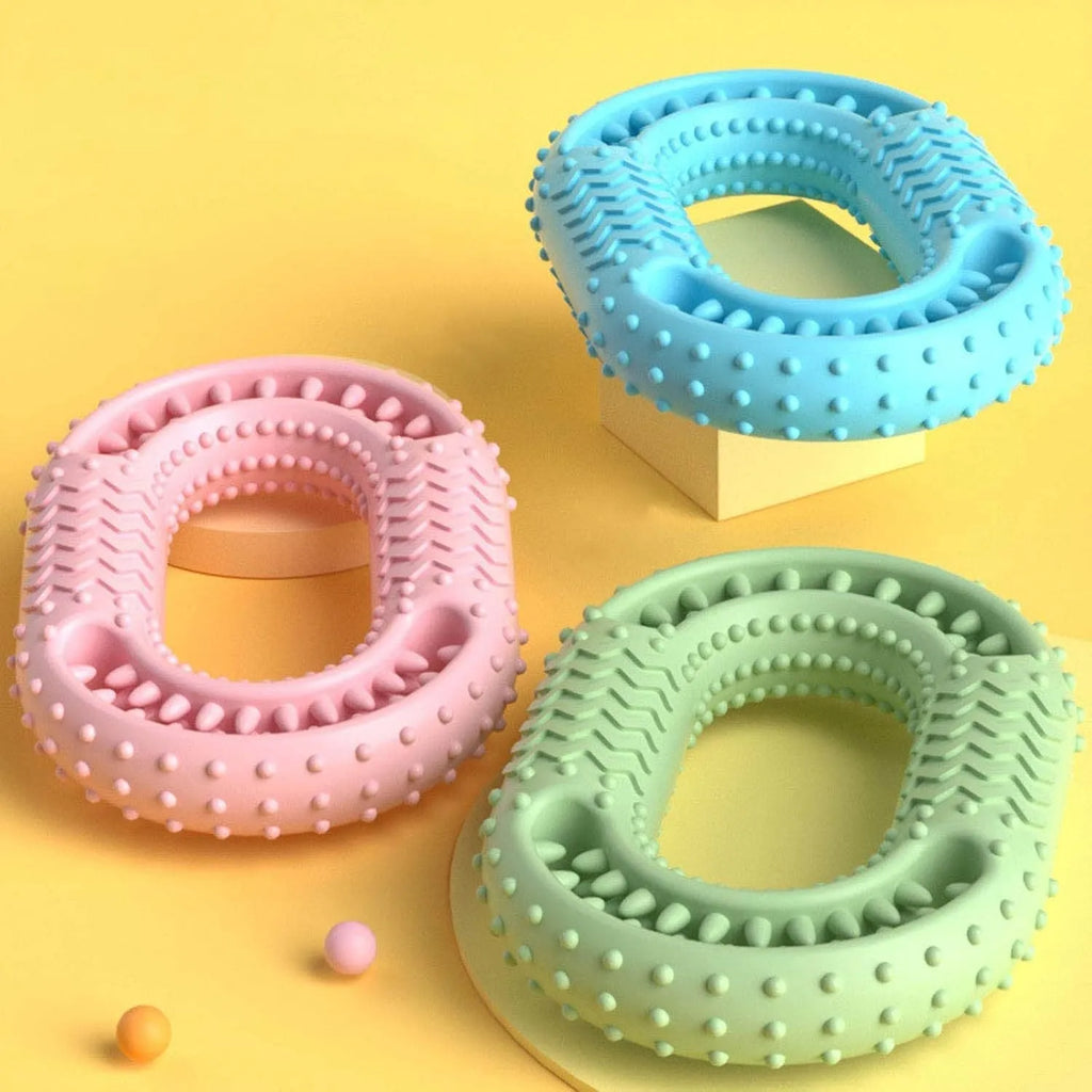 Blue O-ring dog chew toy for aggressive chewers with dental benefits
