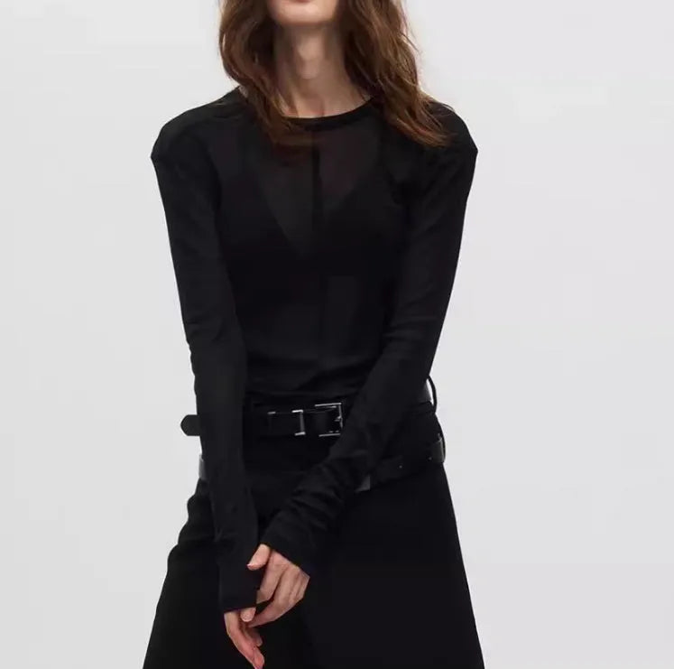 Mesh see-through texture slim-fit black pullover with long sleeves and round collar