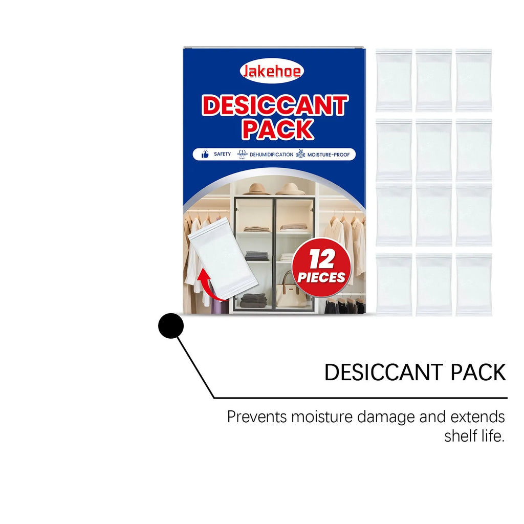 Pack of 12 white calcium chloride desiccant pouches for absorbing moisture in cupboards.