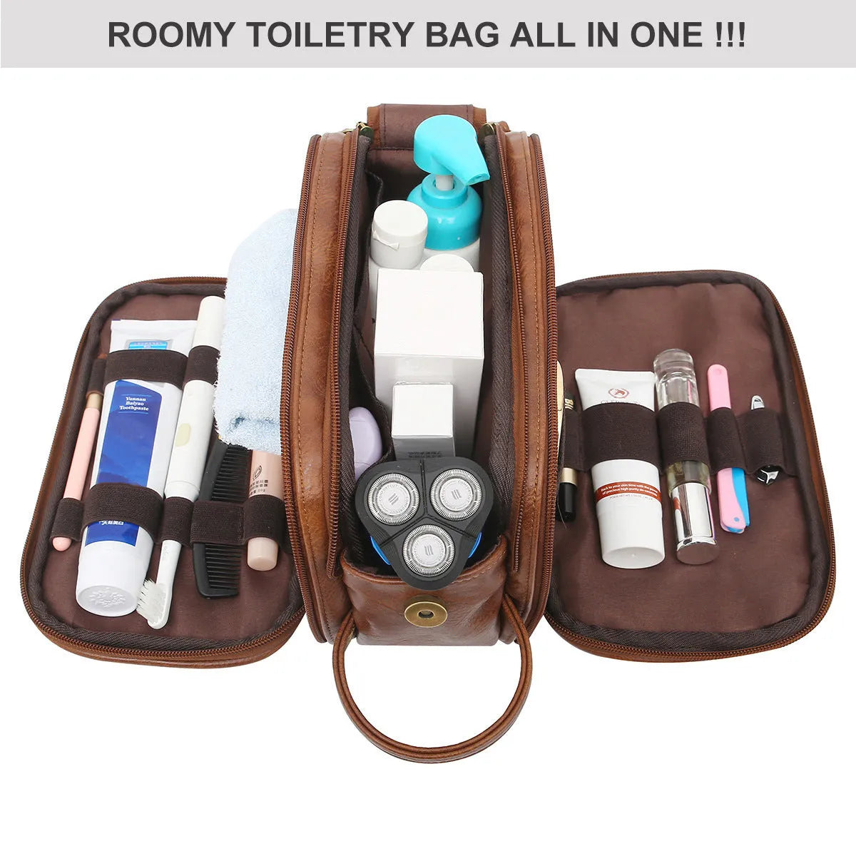 Men's black PU leather toiletry bag with solid colour design for travel grooming storage