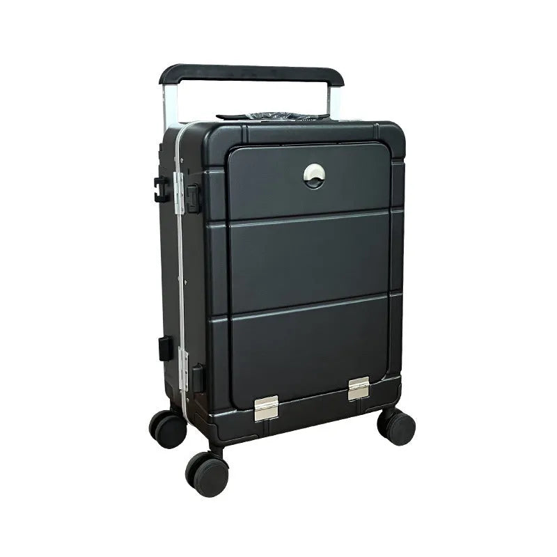 Front opening 20-inch suitcase showing dry wet separation compartments and universal wheels