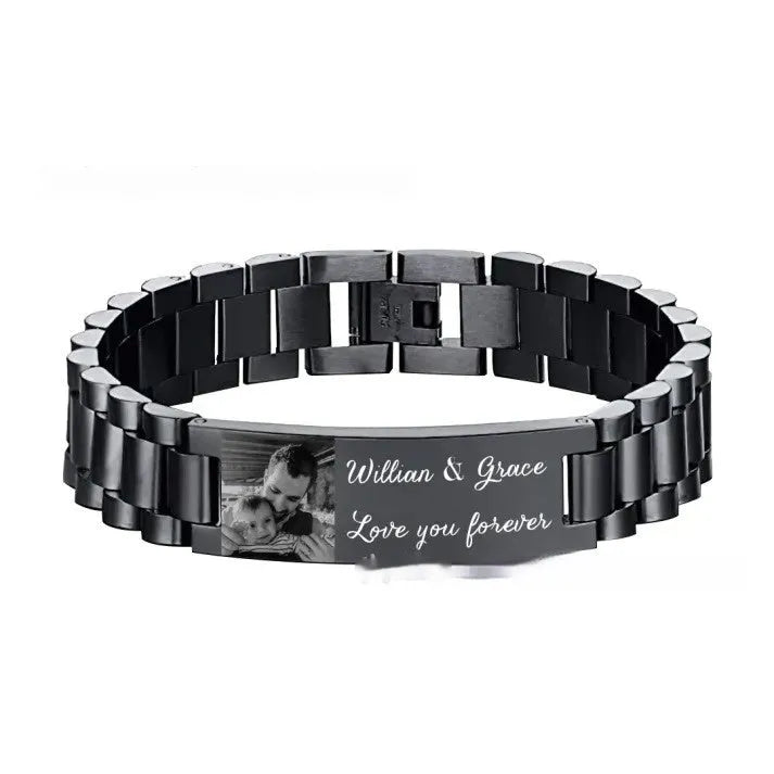 Titanium steel men's bracelet with curved heart shape and engraved lettering in black or grey finishes