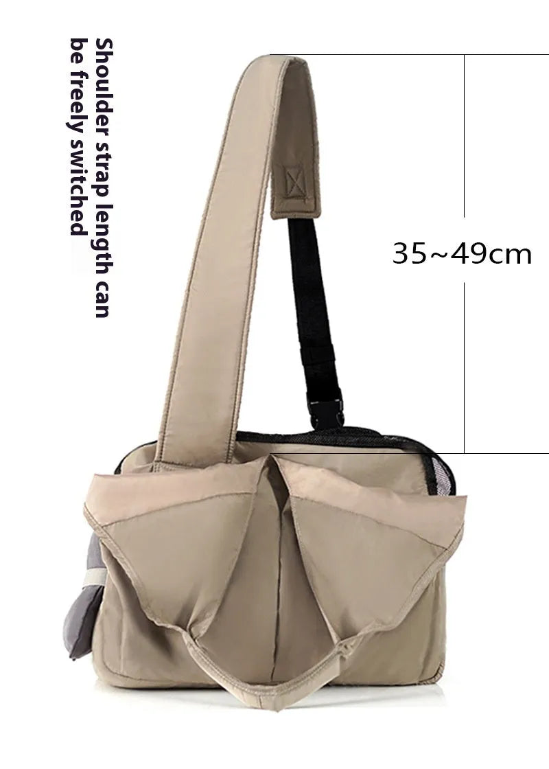 Apricot coloured cloth pet carrier handbag for small dogs and cats, shown with dimensions 41cm by 16cm by 28cm.