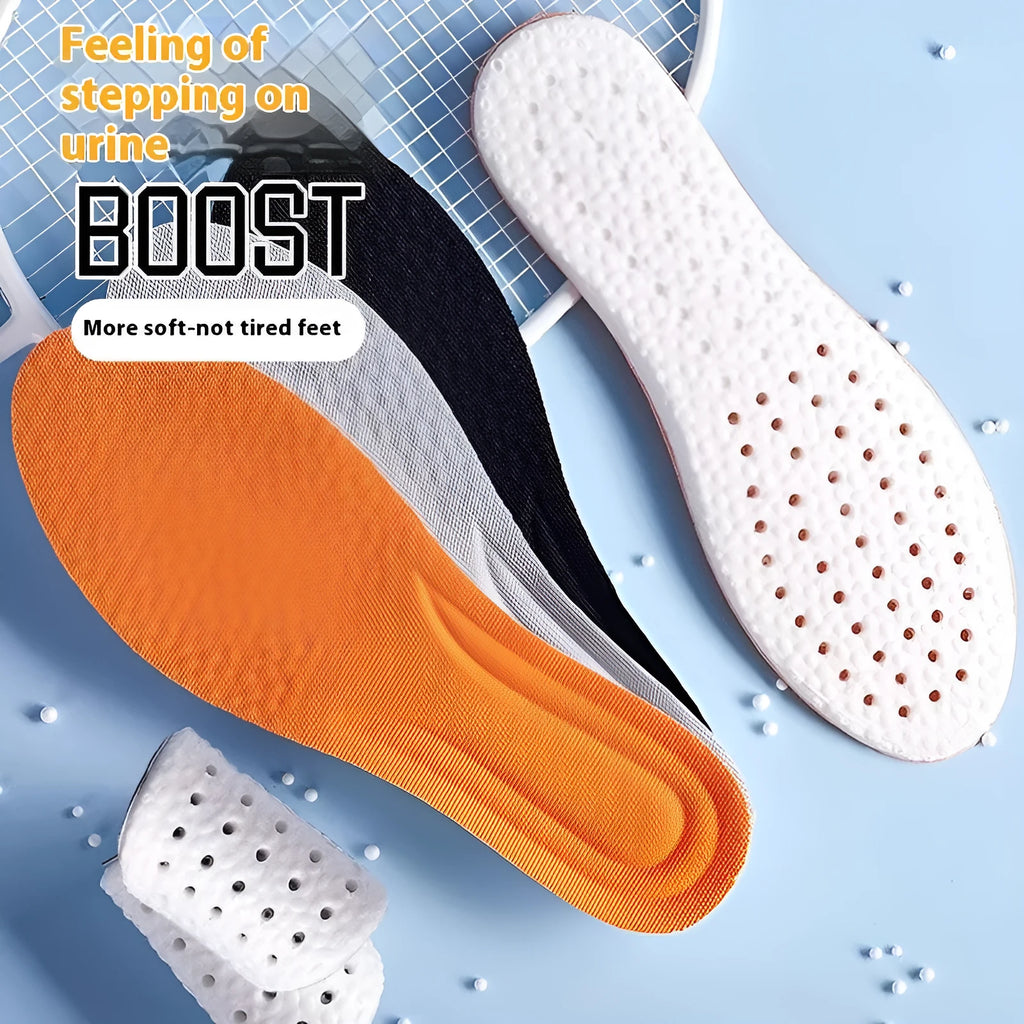 Breathable deodorant sports insoles in grey, black, and orange colours with high elasticity