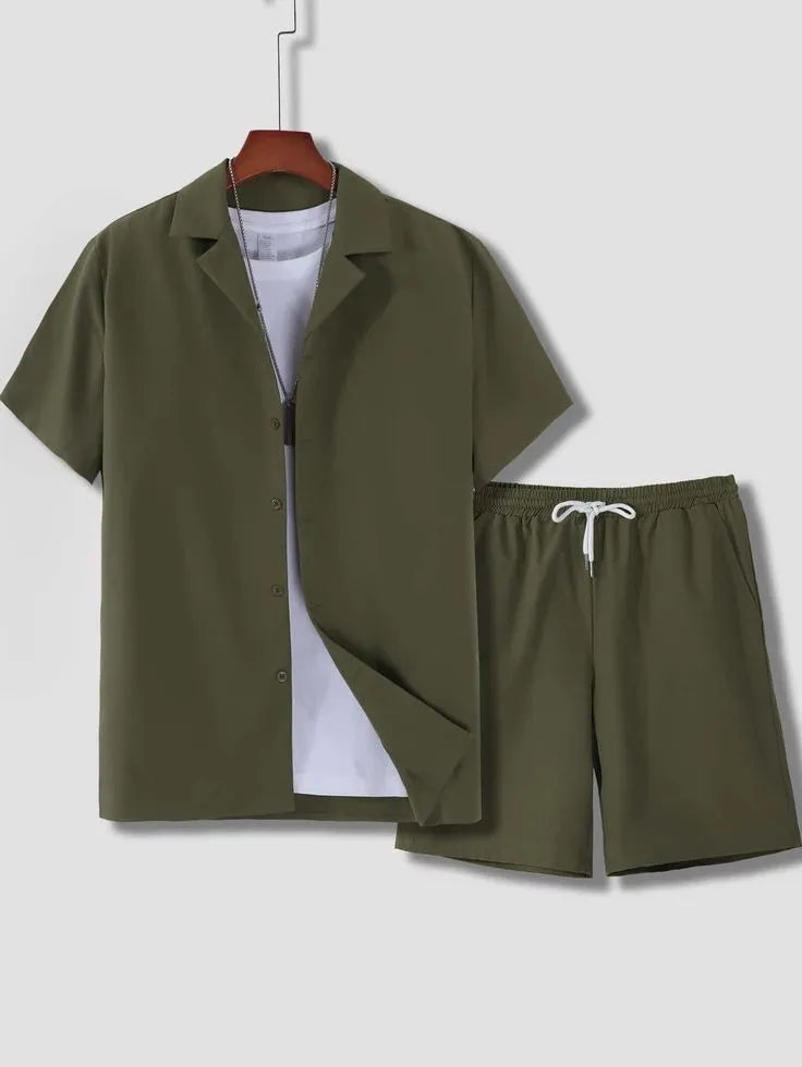 Men's light grey Cuban collar short sleeve shirt with matching shorts sport suit set