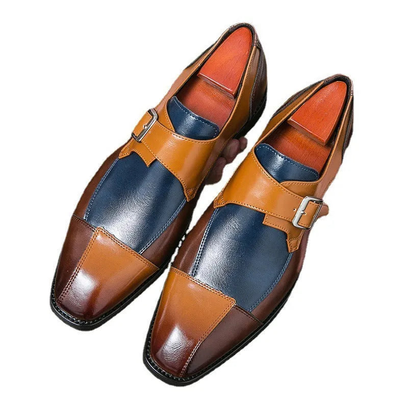 Men's brown-blue and black retro buckle casual leather shoes with tall crown