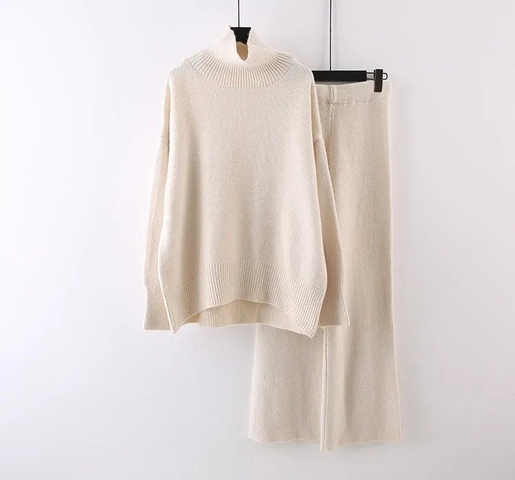 Women's beige acrylic fibre sweater and wide-leg pants two-piece casual set