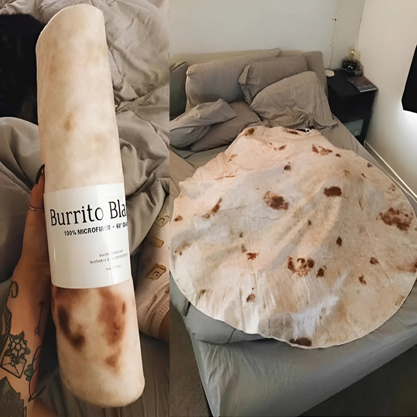 Round coral-coloured flannel burrito blanket with a delicious food print, folded to show soft texture.