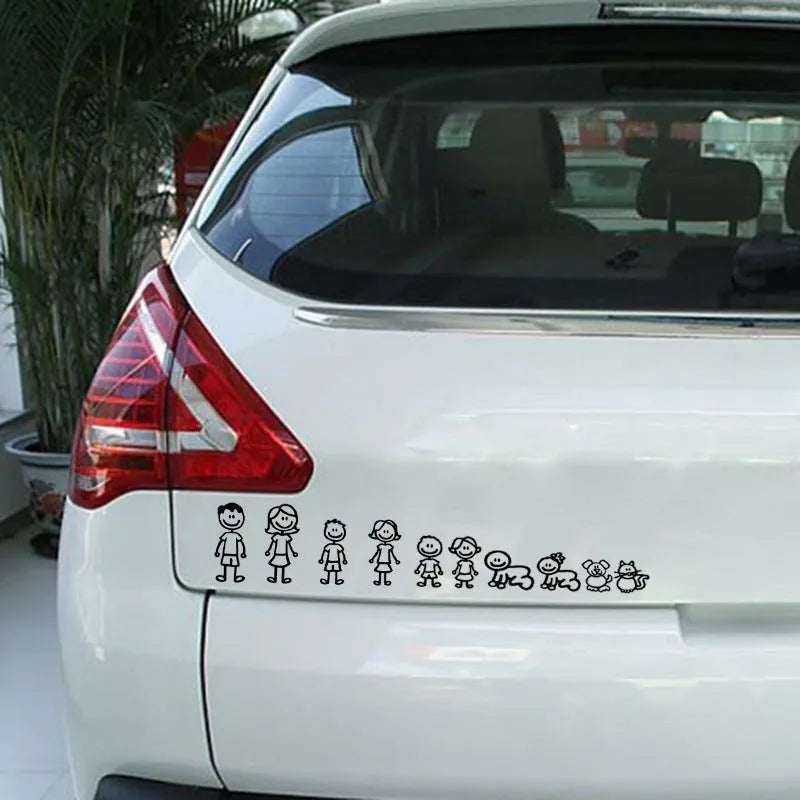 Big family cartoon car sticker, PET decal, 38.3cm by 29.5cm, in black white or laser