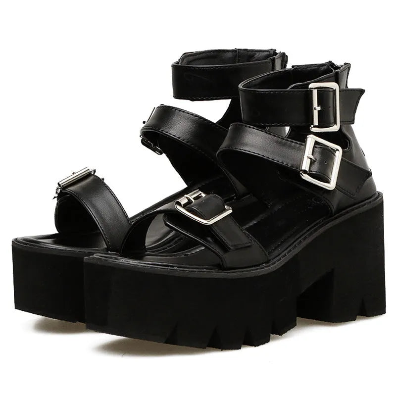 Black women's platform sandals with thick sole, chunky heel, buckle straps and round toe in Harajuku punk style