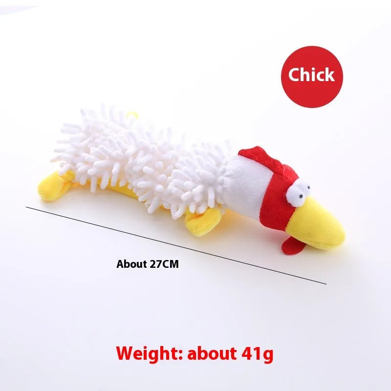 Plush horse molar dog chew toy in animal colour variations including brown dog, yellow duck, white chicken