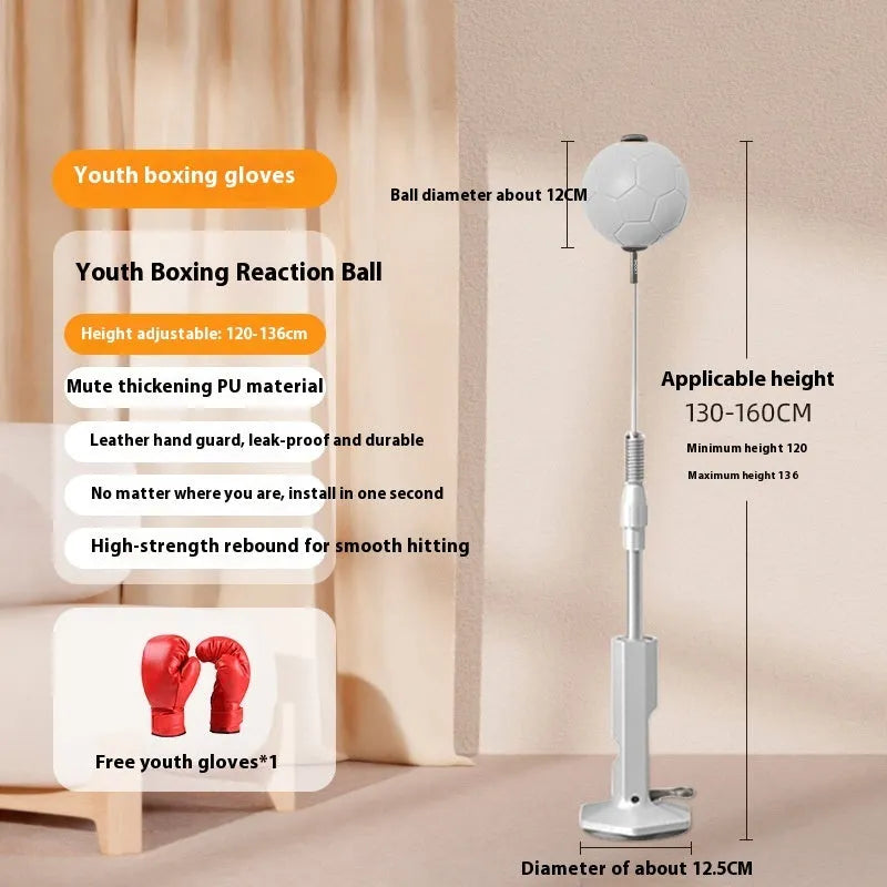 Vertical boxing reaction speed ball system with roly-poly base, focus mitts, and vent sandbag for home training