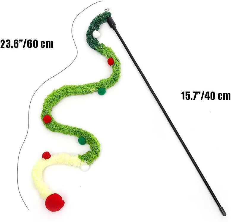 Interactive cat wand toy with blue plush strip, fluffy ball, and bells on a 41cm pole