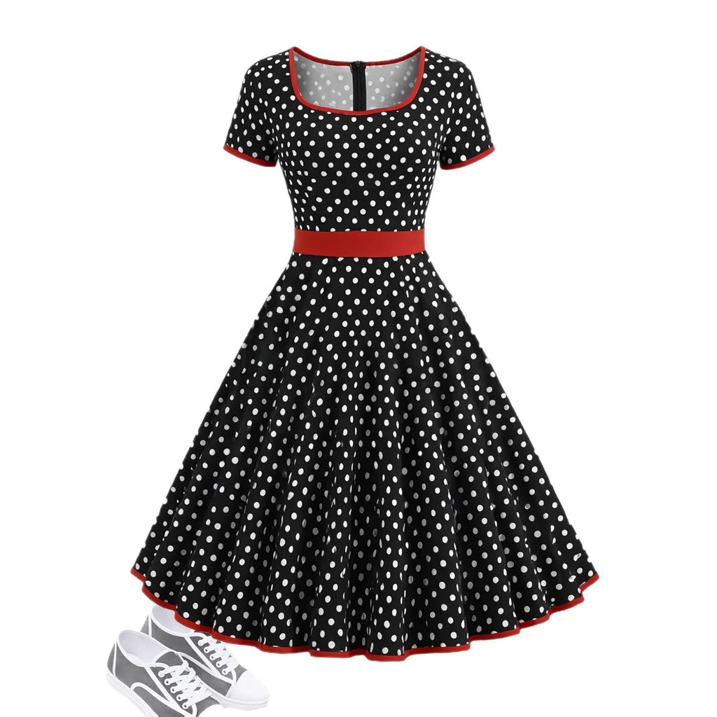 Multicolour polka dot pleated dress with square collar, short sleeves, and a front zipper.