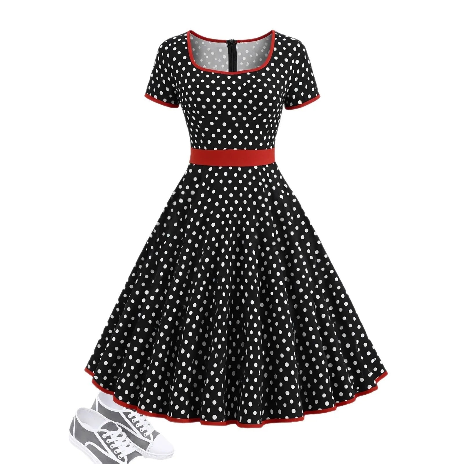 Multicolour polka dot pleated dress with square collar, short sleeves, and a front zipper.