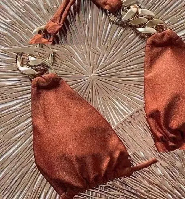Brown women's push up bikini swimsuit with tube top ring tether and split bottom design