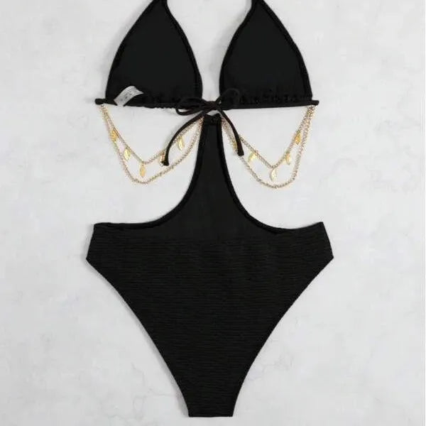Women's black chain detail bikini swimsuit on mannequin showing sleeveless design