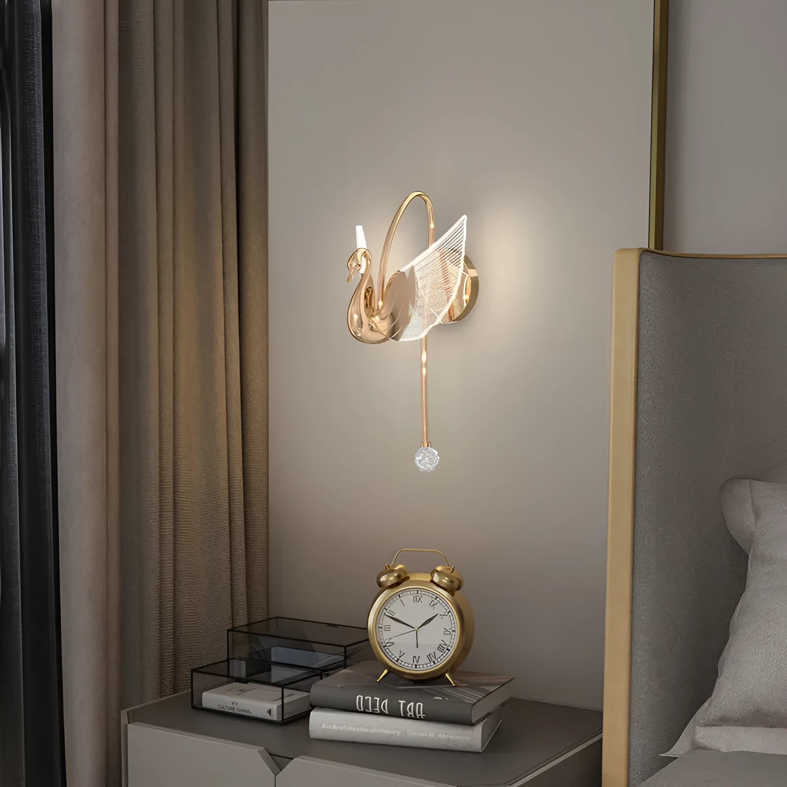 Gold modern minimalist swan-shaped wall lamp with acrylic shade and iron construction