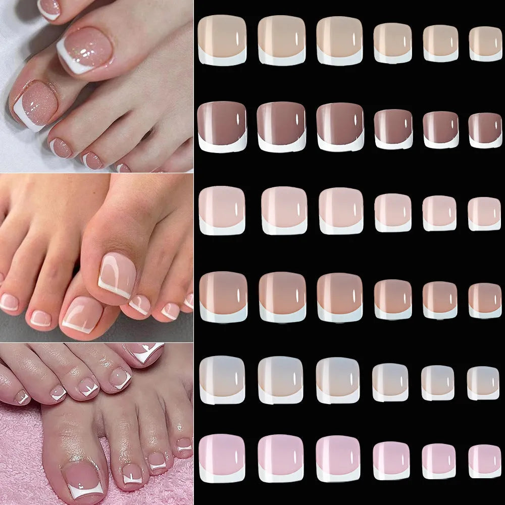 Box of 120 French white edge nude full square short artificial nail tips on a white background.