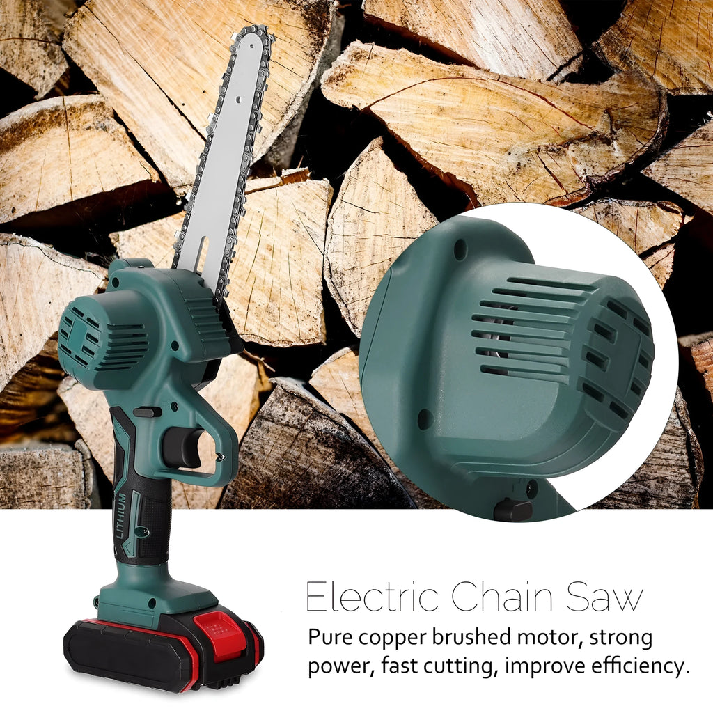 Black one-hand mini electric chainsaw with 4 inch guide bar on a workbench.