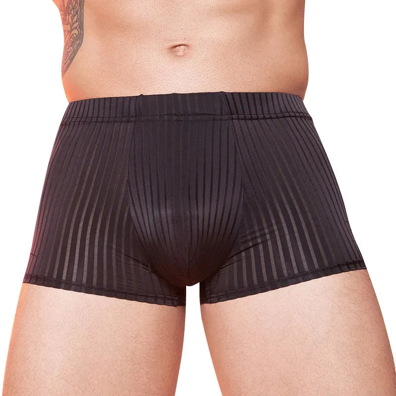 Men's striped underwear in thin transparent nylon fabric showing black, white and dark grey colour options