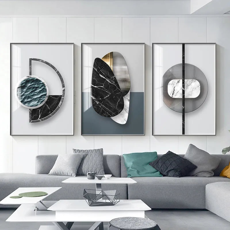 Abstract geometric pattern canvas wall art painting in a modern frame.